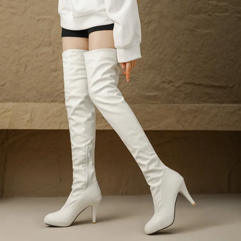 

Small Size 31 32 33 Plain White Black Long Overknees Mature Spike High Heels Winter Warm Shoes Over-the-knee Thigh Boots Size 46