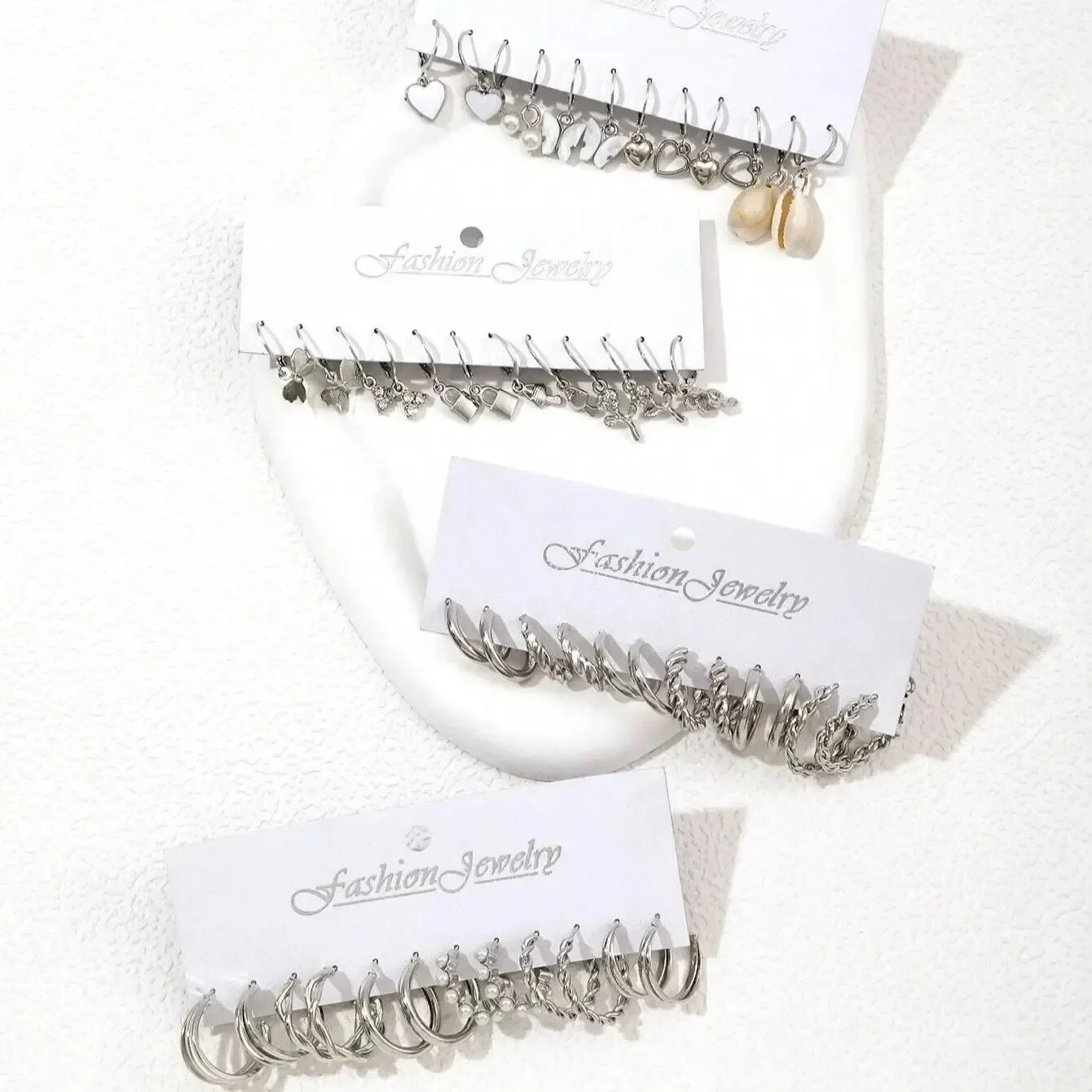 48 Pcs Fashion Faux Pearl Decor Twist Design Hoop Earrings For Women Silver Color Heart Earring For Daily Life Jewelry Gifts New