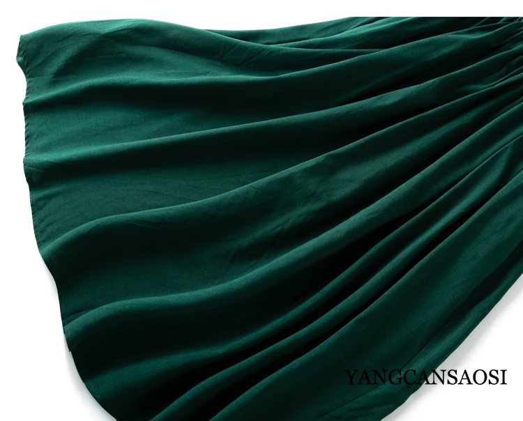 2023 Women's Fashion New Style Flower Bud Waist Handheld Pocket Large Swing Green Elastic Waist Natural Silk and Cotton Skirt