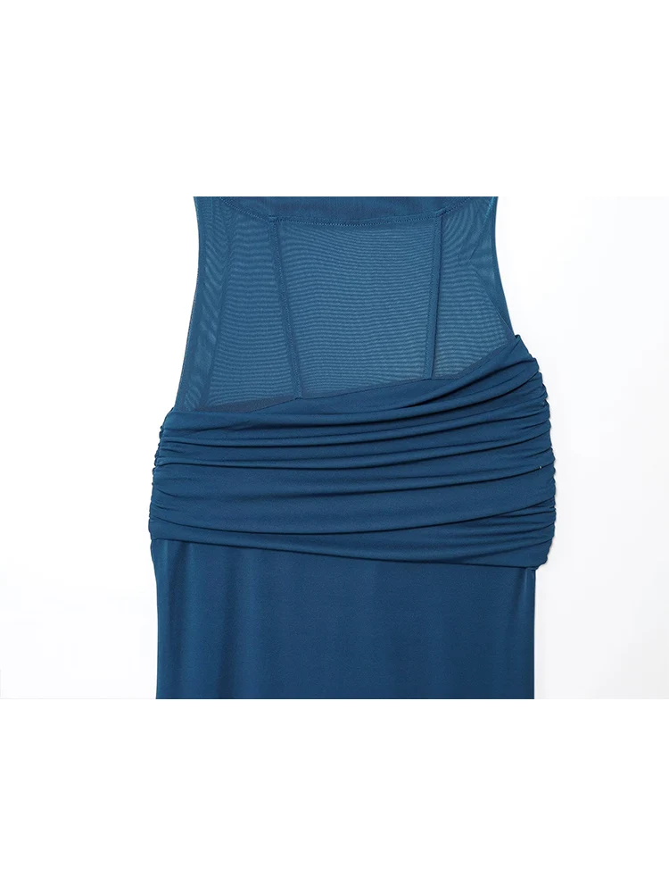 TFMLN Chic Mesh See Through Sling Dress For Women Sexy Slim Solid Backless Sleeveless Splice Dresses Lady Party Evening Robes