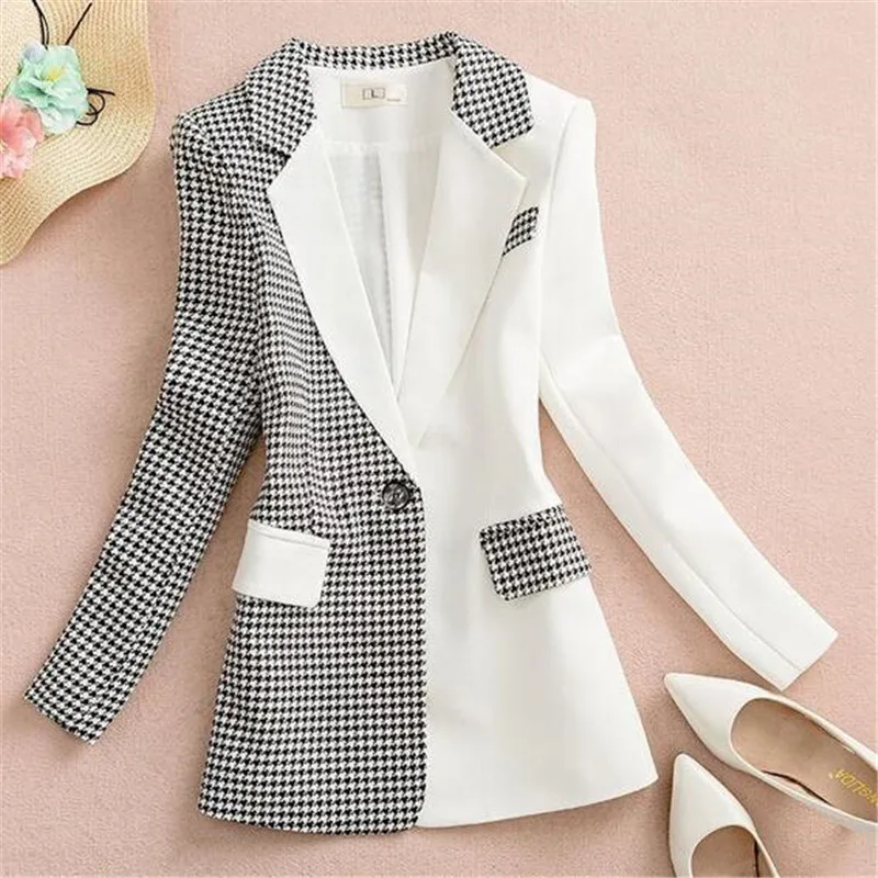 

Skinny Patchwork Lattice Blazers Thin Pockets Classic Notched Button 2023 Women's Clothing Creative Autumn Winter Office Lady