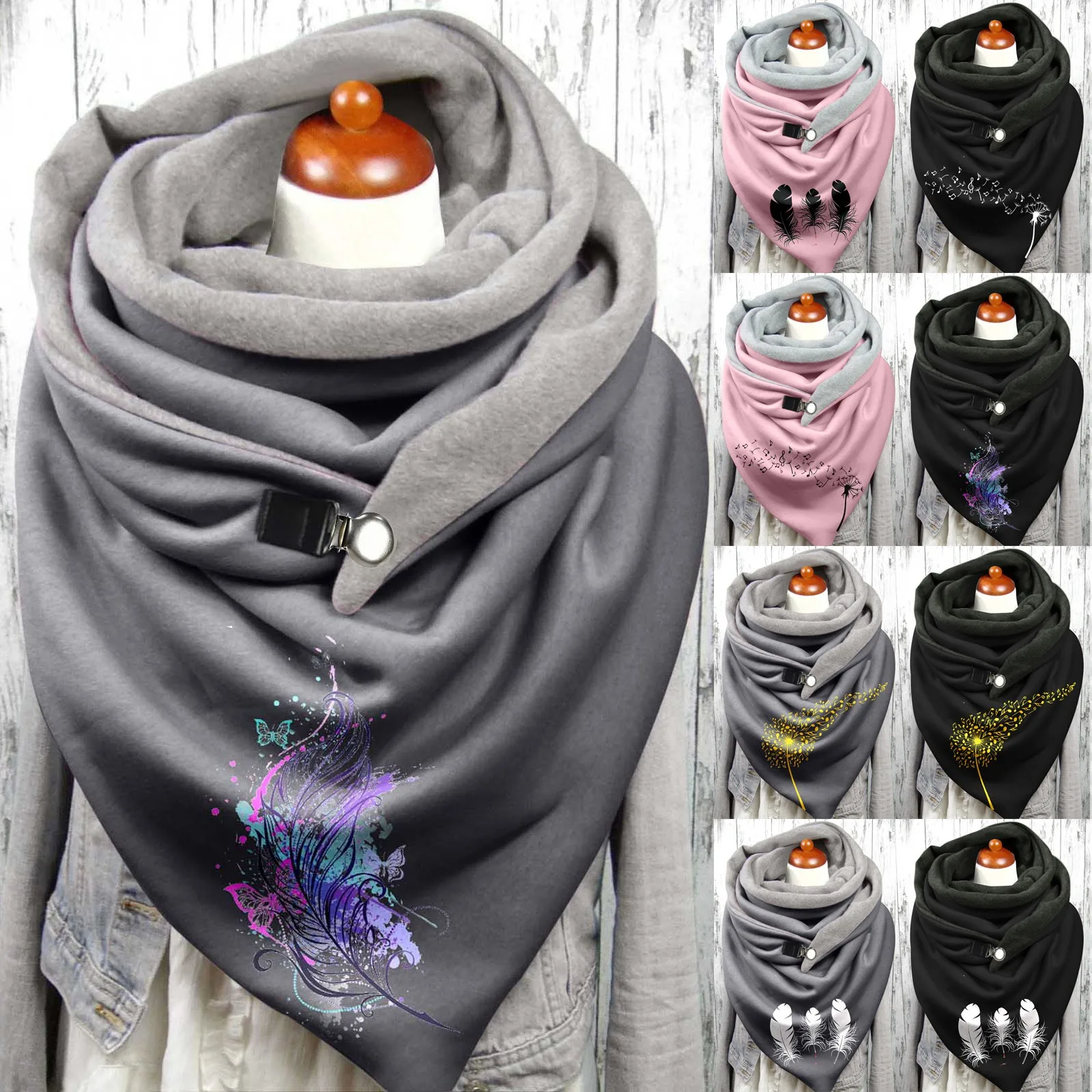 

Autumn Winter Woman Scarf Universal Autumn Warm Plants Print Double-layer Buckle Scarves Outdoors Warm pashmina shawl foulard
