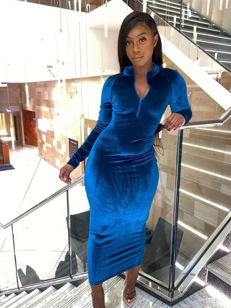 

SKMY Autumn New 2024 Womens Clothing Fashion Slim Long Sleeve Zipper V-Neck Velvet Dress Solid Color Dress Party Evening Elegant
