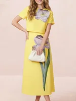 Freeacy Women's Floral Printed Dress Sets Short Sleeves Cropped T-shirt & High Waist Pleated Skirt 2026 Elegant Party Wears