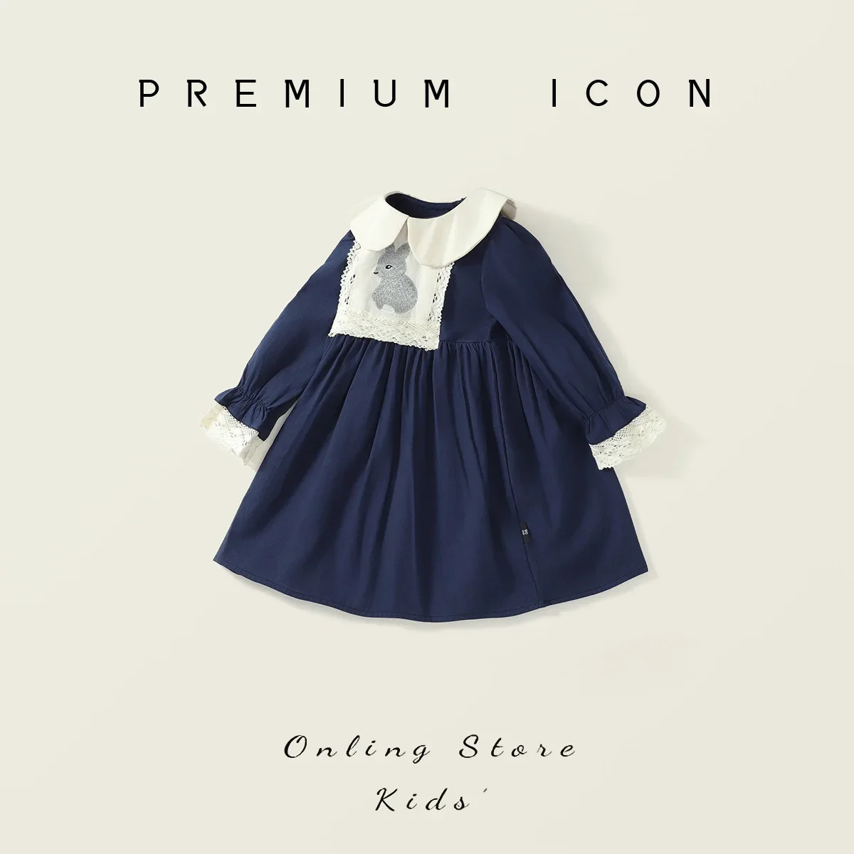 Girls Doll Collar Rabbit Embroidered Dress Autumn Korean Version Long-Sleeved Navy Blue Lapel Princess Dress