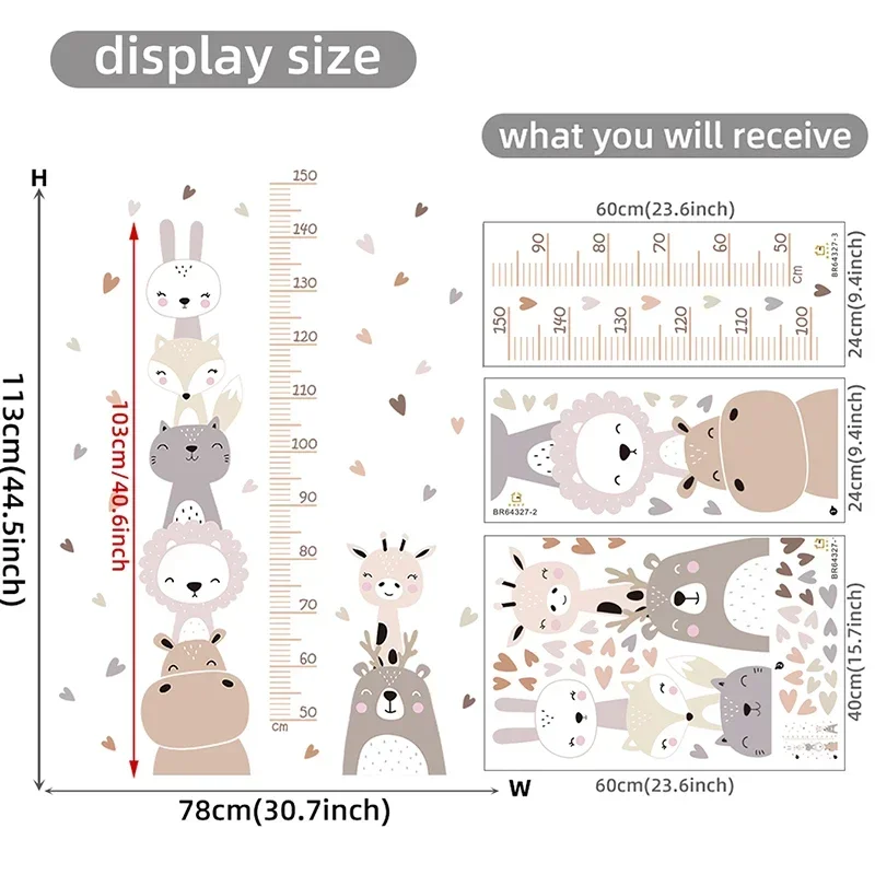 Wall Stickers for Kids Room Baby Nursery Smile Animals Bear Lion Hearts Height Measurement Ruller