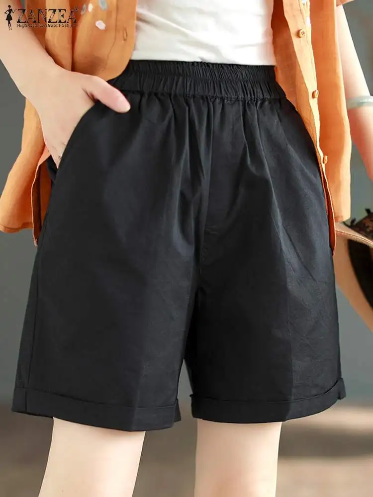

Шорты ZANZEA Женские повседневные с эластичным поясом, свободные короткие штаны в Корейском стиле для отдыха, однотонные, лето 2024