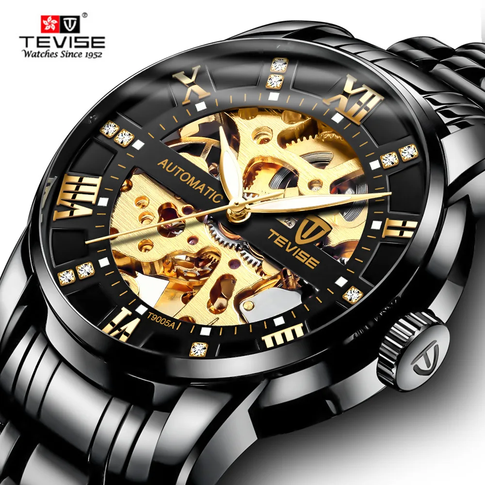 

TEVISE Fashion Men's Automatic Mechanical Watches Sport Design Metal Case Top Brand Luxury Skeleton Golden Dial Luminous Watch