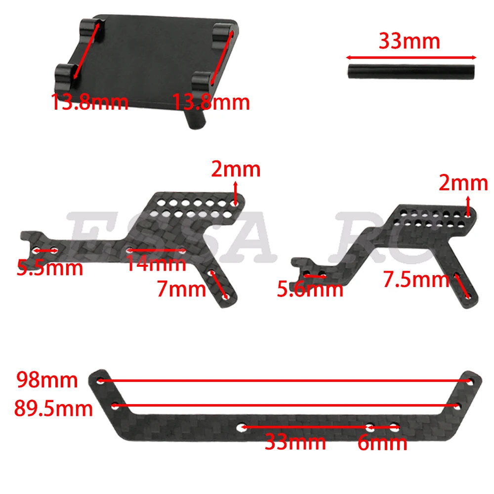 Kit châssis TRX4M assemblé, vue rapprochée des fixations et de la fibre de carbone.