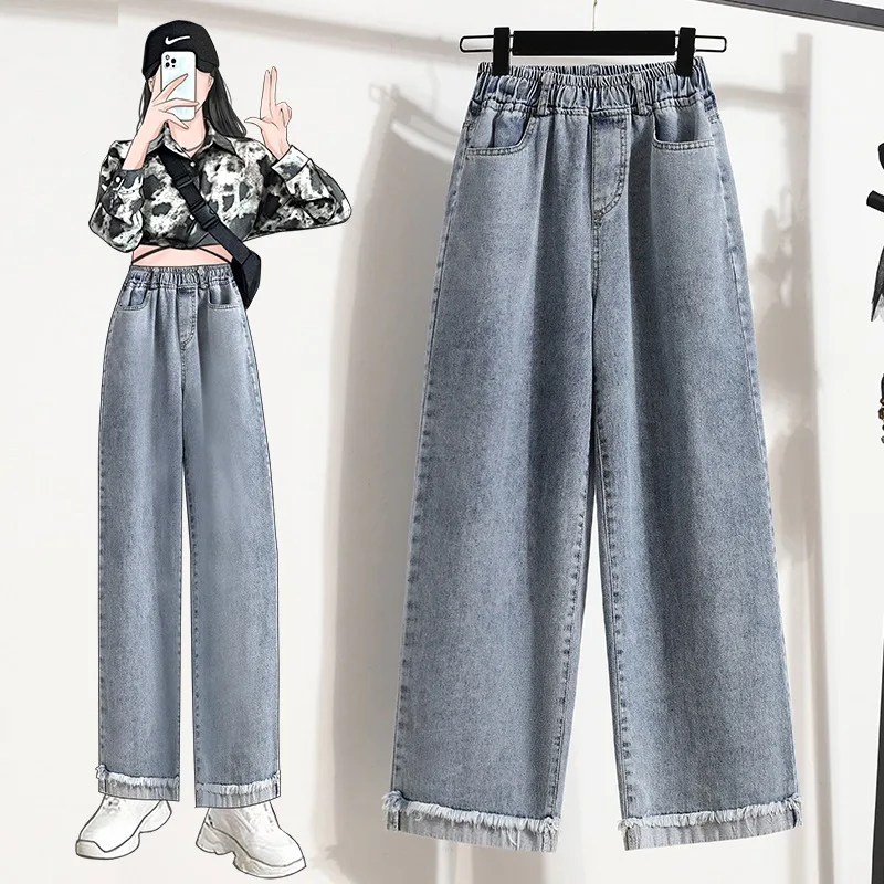 

Summer Fall Fashion Women's Curved Hem Vintage Denim Pants Female Solid Color Empire Waist Straight Jeans Ankle Length Trouser