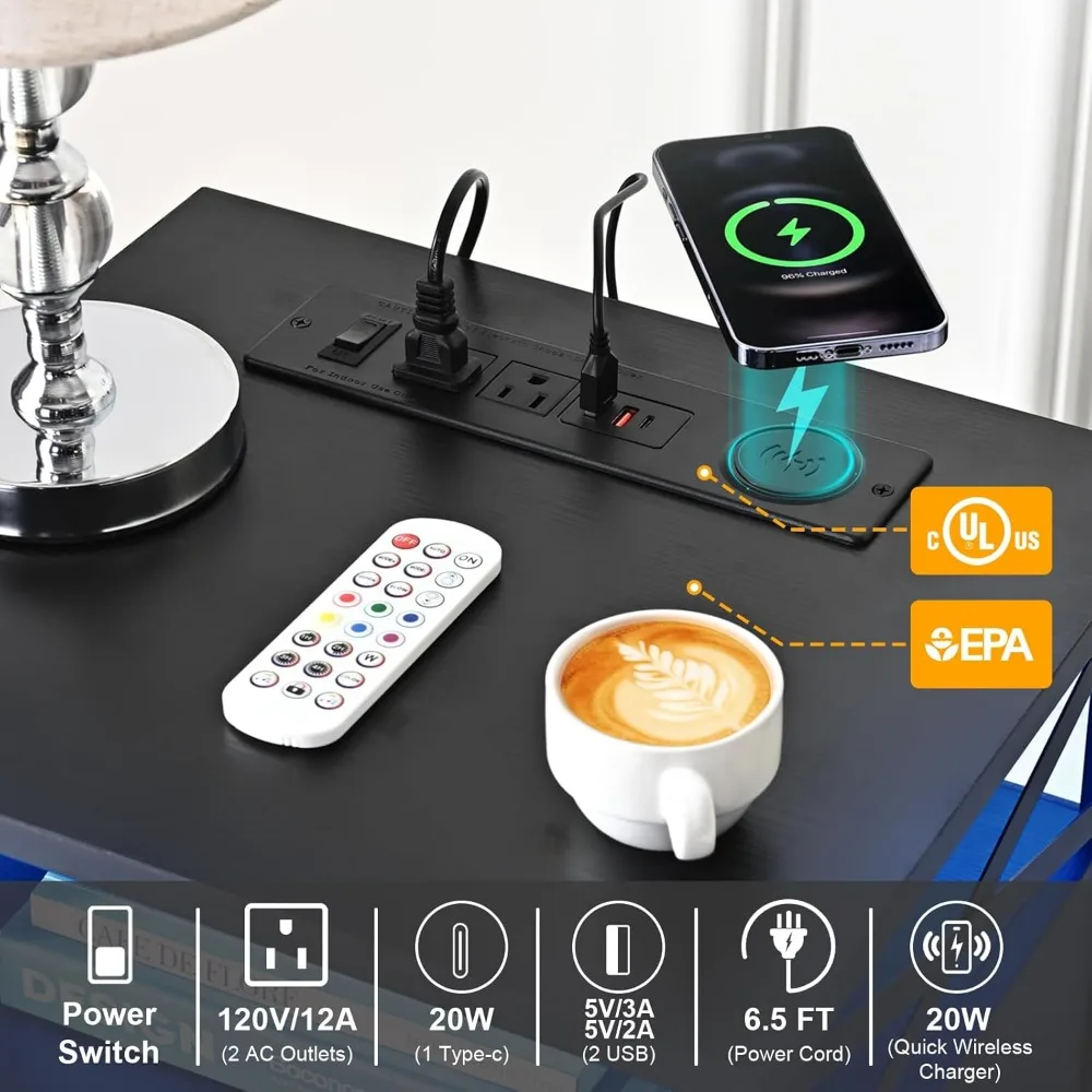 LED Nightstands with Wireless Charging Station, End Tables Set 2 with LED Lights, Bedside Table with Wooden Drawers, Black Night 5