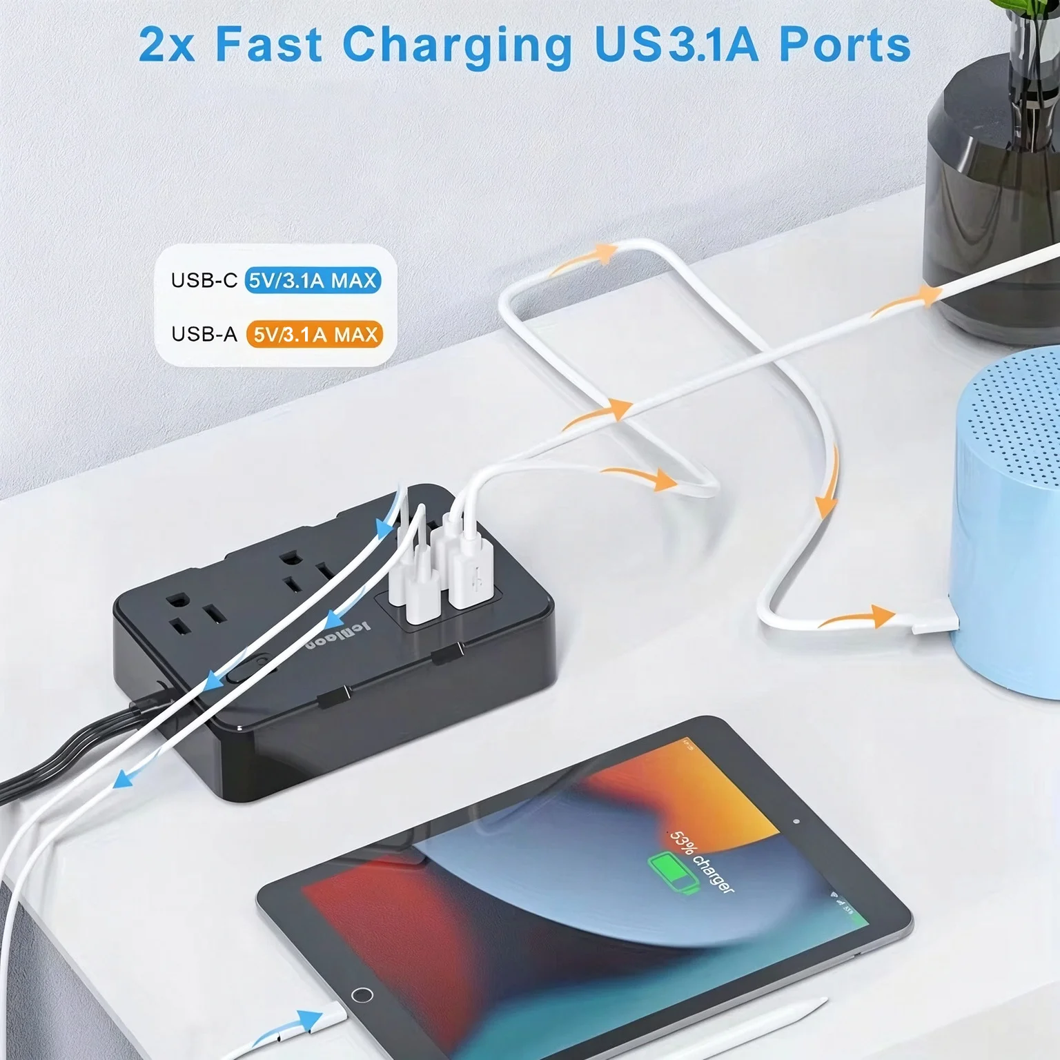 Ultra Thin Flat Plug Extension Cord with 4 USB Ports(2 USB C), 5ft - Image 2