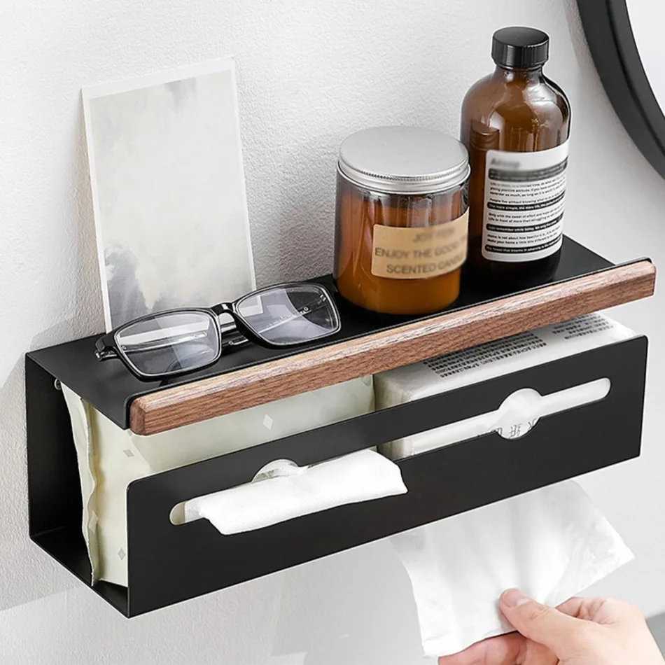 

Toilet Paper Holder with Shelf Wood Black White Grey Aluminum Creative Kitchen Bathroom WC Paper Roll Rack Storage Tissue Holder