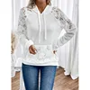 Plus Size White Lace Hooded Hoodie For Women Fashion Long Sleeve Hook Flower Hollow Pockets Pullover Tops