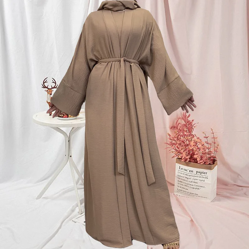  - Ramadan Robe Casual Solid Sleeveless Inner Dress with Belt and Long Cardigan Robe Muslim Sets Islamic Clothing Prayer Dress Set