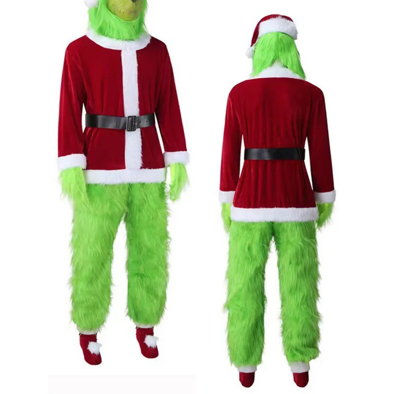 

Geek Thief Green Fur Monster Santa Claus Costume Agrinch COS Set Suit Props Gloves Mask Hat Party Halloween Christmas Set