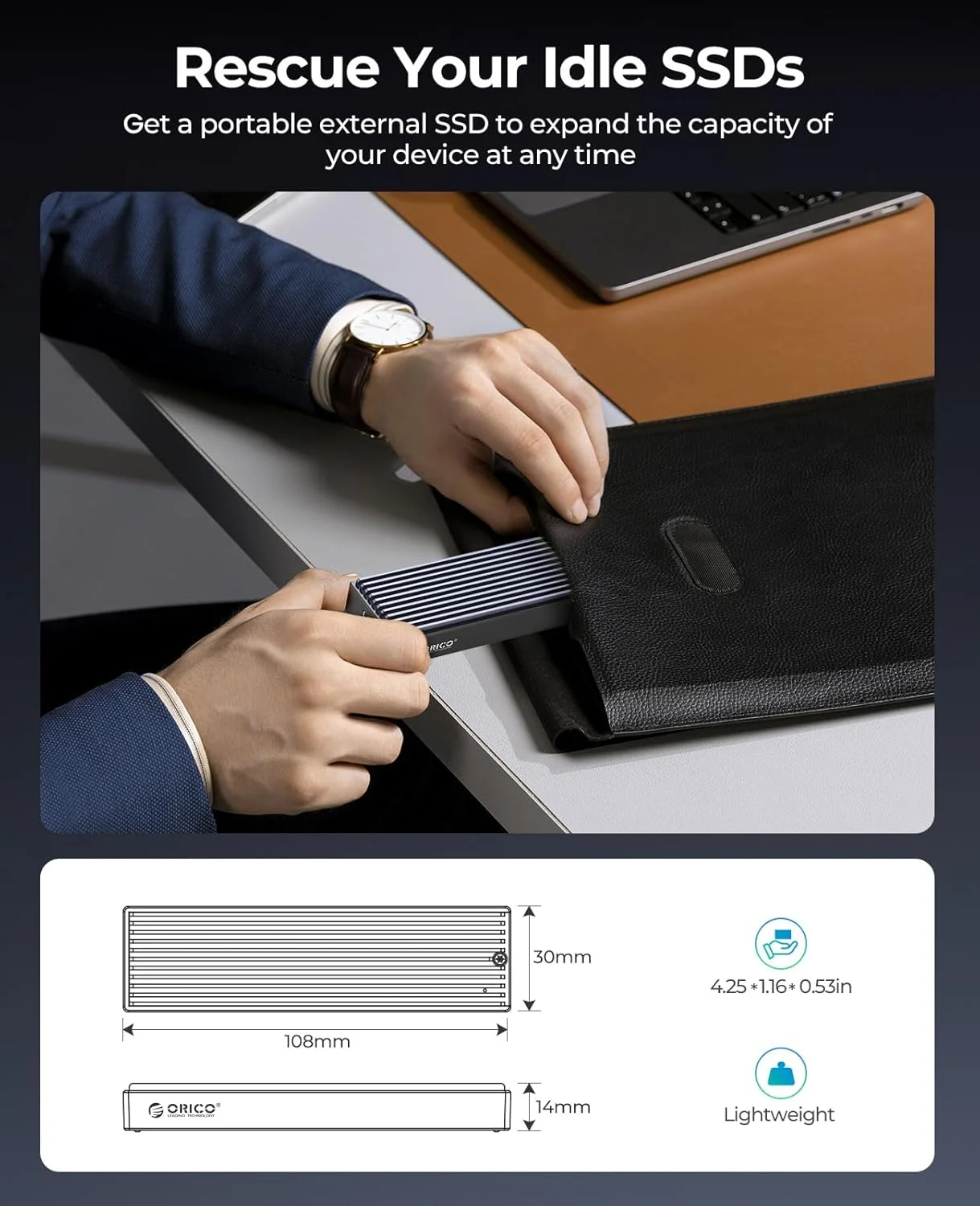 ORICO M.2 NVMe SSD 인클로저, USB 3.1 Gen 2 (10 Gbps) PCIe 외장 어댑터 NVMe 케이스 (2230/2242/2260/2280 M.2 SSD 최대 8TB 지원)