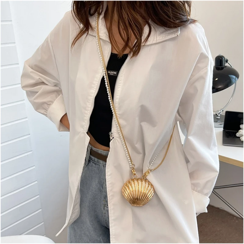 Chic Mini Metal Shell Crossbody Bag Pearl Chain Lightweight Magnetic Closure Detachable Strap Women