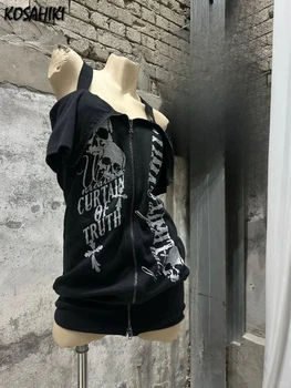 Y2k Aesthetic Skull Letter Printing Vintage Tops 2026 Streetwear Slash Neck Tshirts Women Grunge Dual Zippers ​Harajuku Tees 1