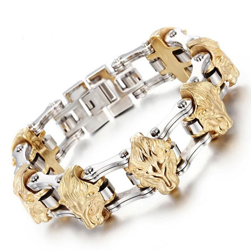 

21mm Heavy Punk Gothic Lion Head Bracelet Jewelry Men Male Hiphop Gold Color Stainless Steel Bicycle Bike Biker Chain Bracelets