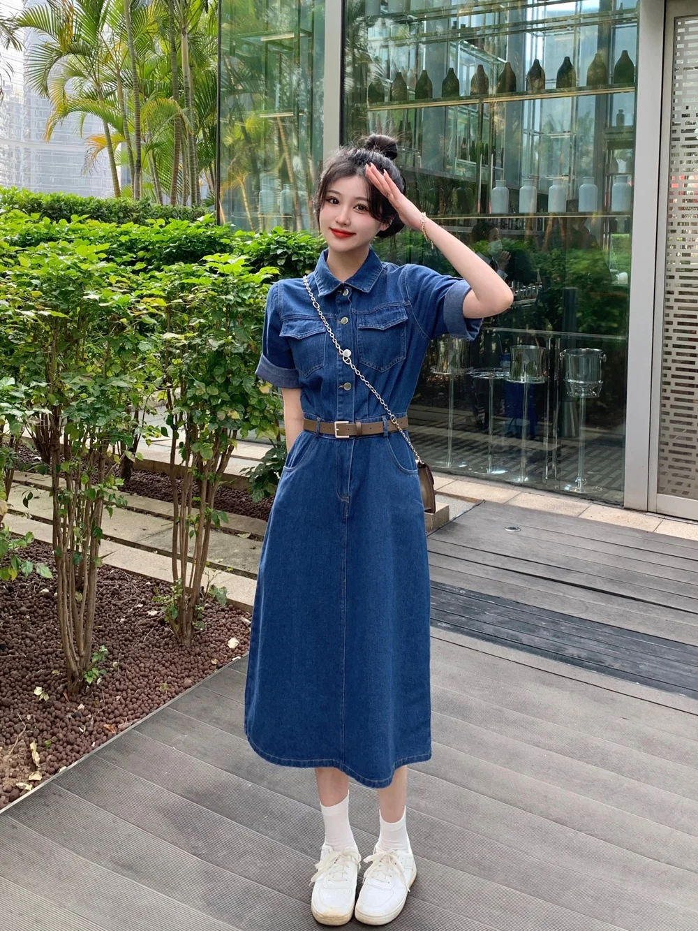 ZANZEA 패션 데님 미니 원피스 여성용 빈티지 블루 셔츠, 원피스 2024 여름 반팔 포켓 로브, 캐주얼 라펠 넥 선드레스