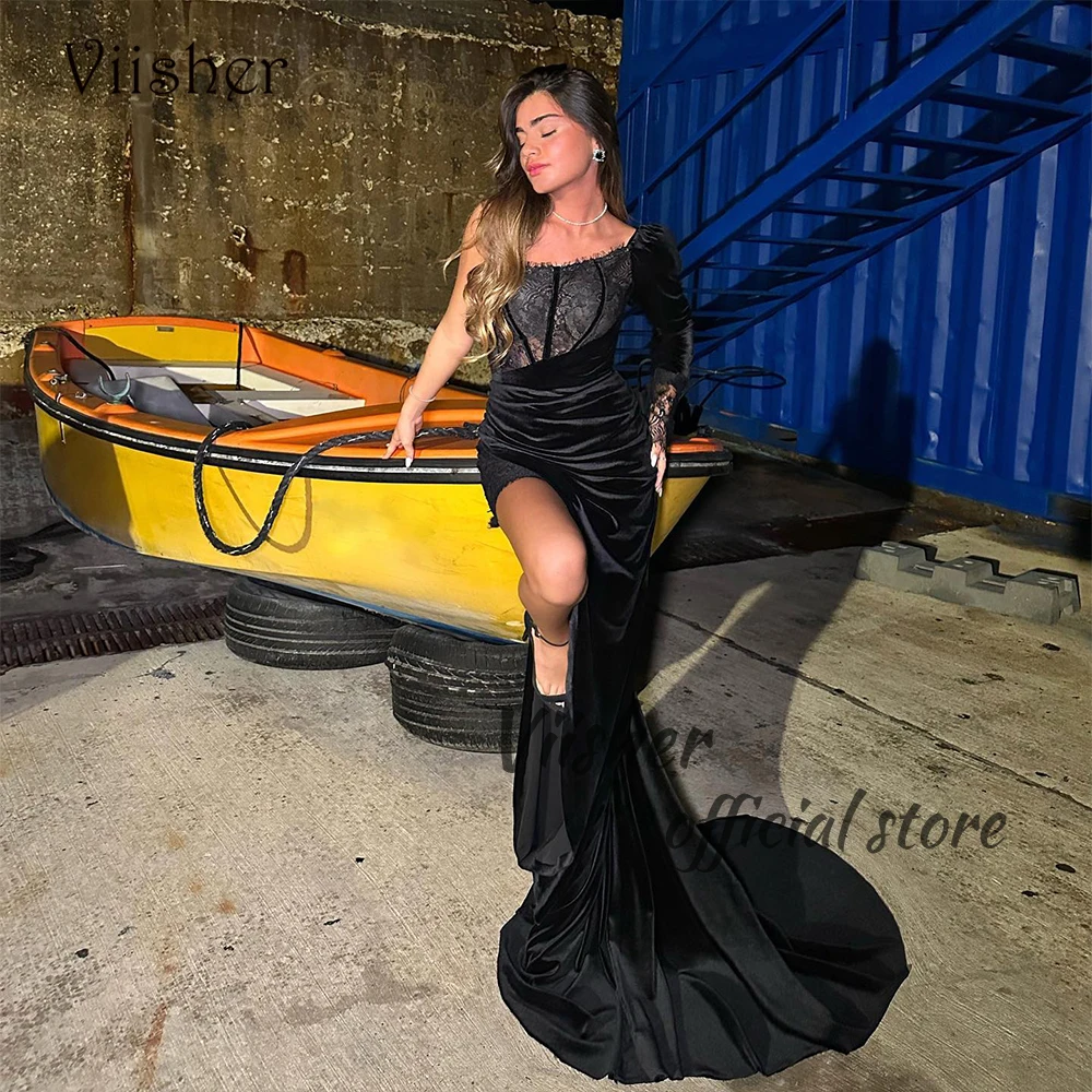 

Black Velvet Mermaid Evening Dresses One Sleeve Sexy Leg Split Prom Dress with Train Long Beach Formal Party Gown Backless