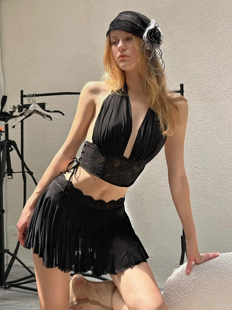 Nibber Sexy 2-Piece Set Women Patchwork Lace v-Neck Sleeveless Backless Folds Lace-Up Mini Tops+Wave Edge Skirt Matching Suits