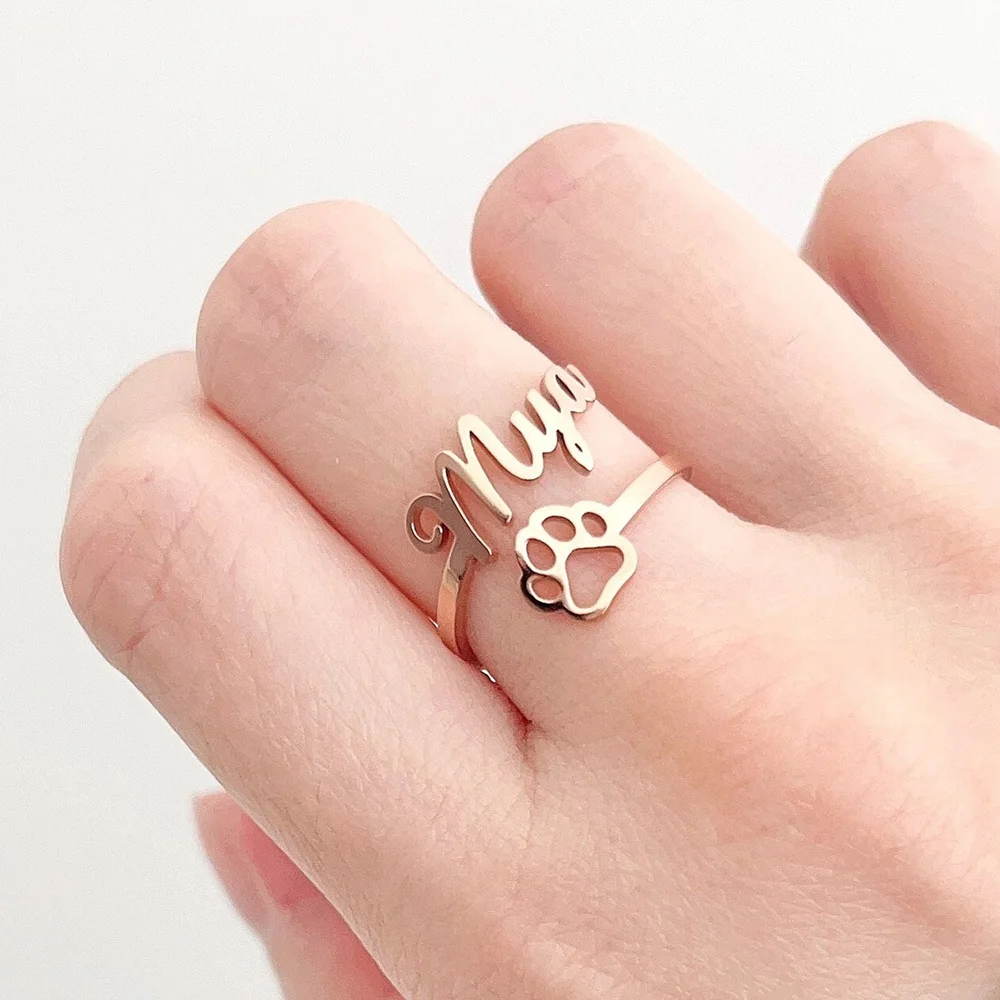 

Custom Names Women Cartoon Dog Paw Adjustable Ring Personalised Stainless Steel Fashion Open Ring Jewelry Memorial Day Gift