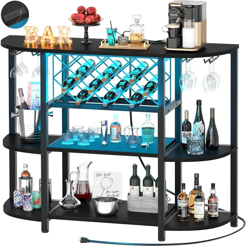 

4-Tier Metal Coffee Bar Cabinet with Outlet and LED Light, Freestanding Floor Bar Table for Liquor with Glass Holder and Wine S