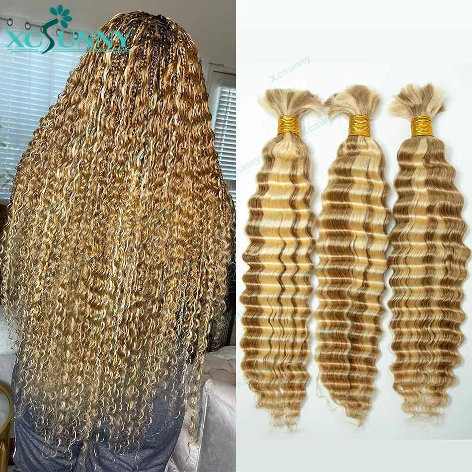 Human Hair Extensions Human Hair Bundles Braiding Hair Extensions Human Braiding Hair Highlight Bulk Curly Human Hair For Braiding Blonde 613 27 Deep Wave Double Drawn Bulk Human Hair Bundles No Weft Boho Braids