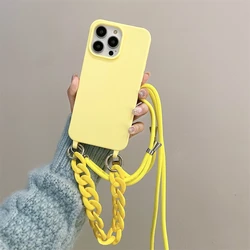 Luxury Crossbody Lanyard Rope Strap Phone Case with Acrylic Chain and Silicone Soft Cover - iPhone 15 Pro Max (Yellow)
