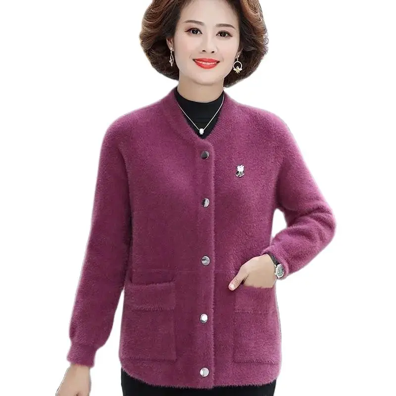 Imitation Mink Fleece Coat Forty Or Fifty Years Old Elderly Mothers Spring Autumn Add Thick Loose Knitting Woolen Women'S Tops