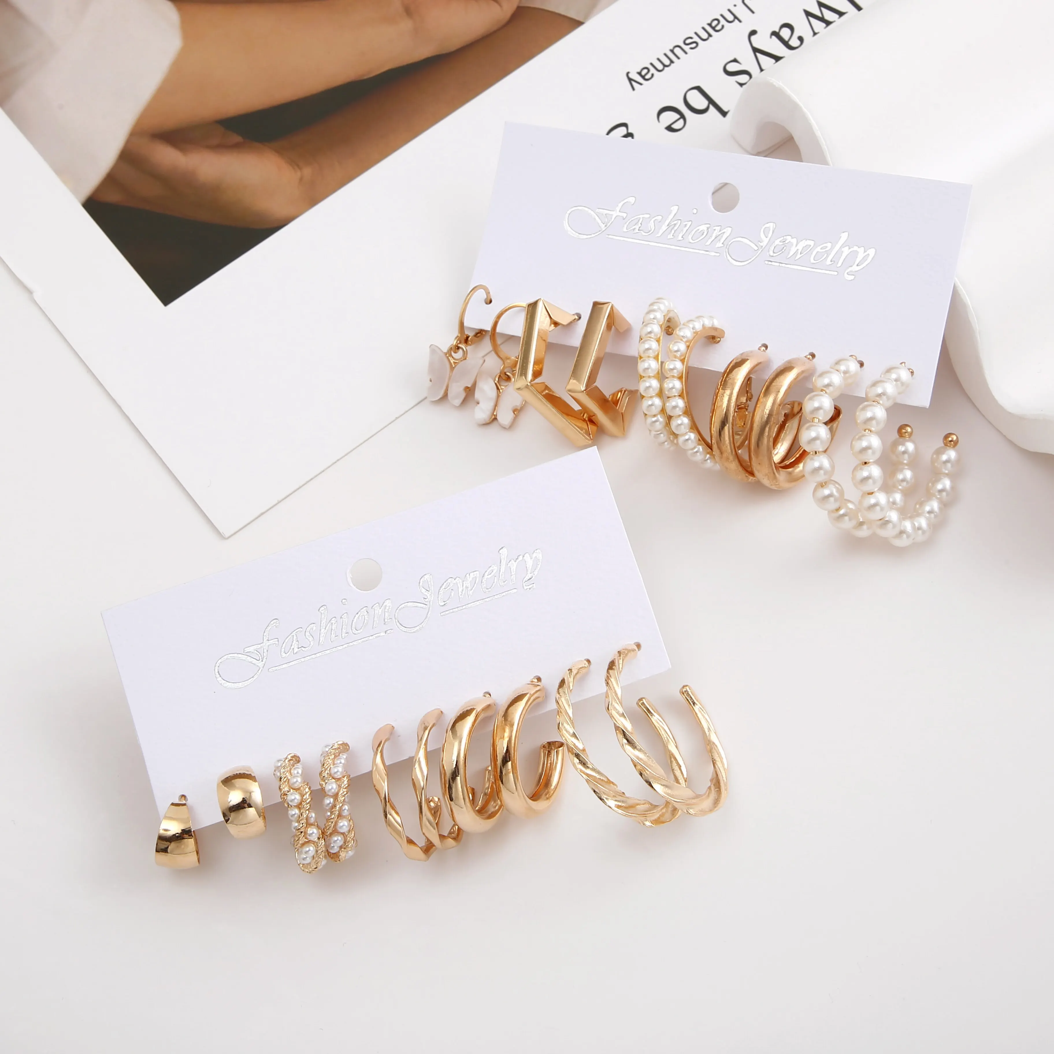 Sbf89139a40aa4b03acd763daf689473bF 10 Pairs of Women's Earrings set new Creative Type C Pearl Geometry Personality Fashion Temperament Earrings Mallzona