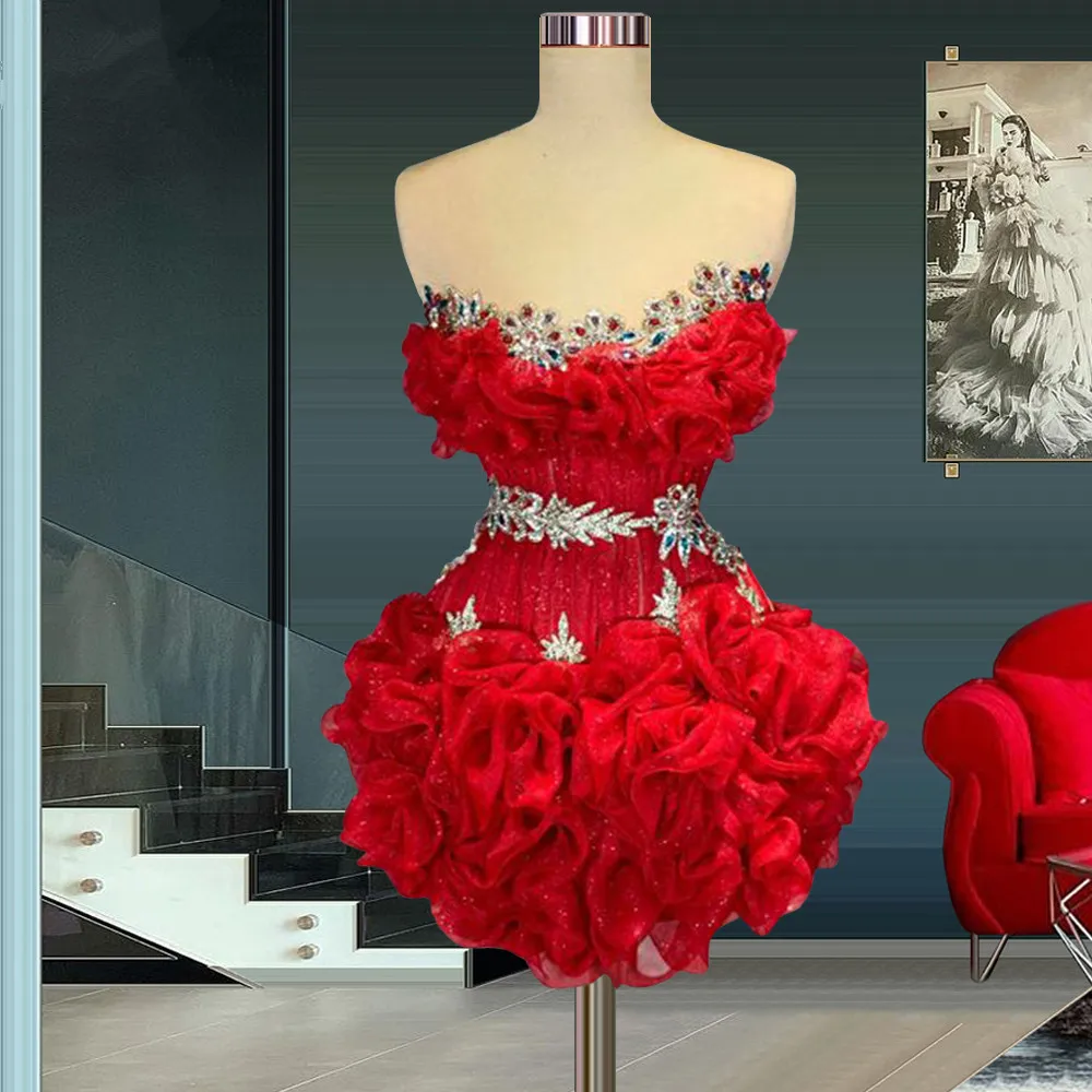 Red Cocktail Dresses Sheath Short Mini Organza Beaded Ruffles Homecoming Dresses Haute Couture Customized