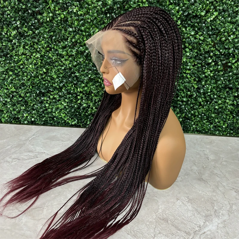 Fashion Lace Closure Braided Wigs Straight 1B/99J Synthetic Knotless Box Crochet Braids Hair Wig for Black Women Pre Plucked