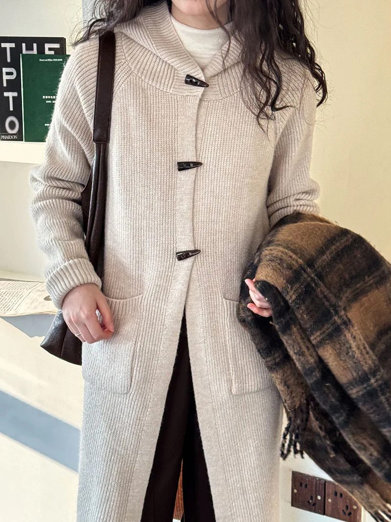 

Solid Color Long Sleeve Knit Hooded Cardigan for Women, Autumn/Winter Lazy Style Loose Long Horn Button Sweater Coat Knitwear