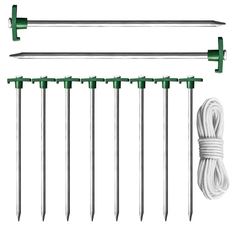 Tent Ground Pegs 10-piece Heavy Duty T-Shaped Pegs With 4 Ropes For Campsite 10.25-Inch Ground Spikes For Camping Backyard Lawn