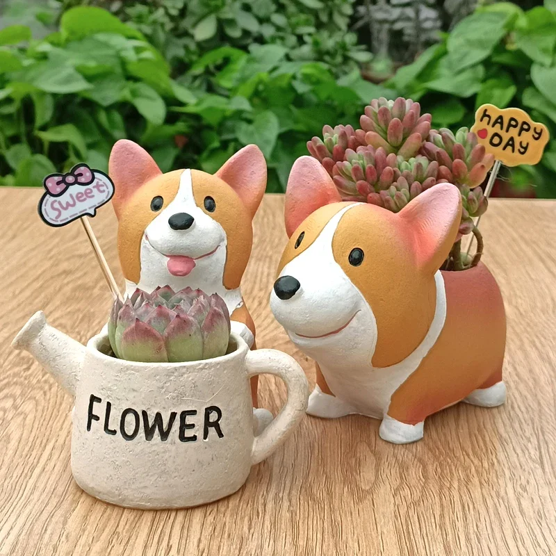 DIYOMR Hundeförmiger Übertopf Aus Kunstharz – Süßer Blumentopf Für Sukkulenten & Deko (Corgi-Design)