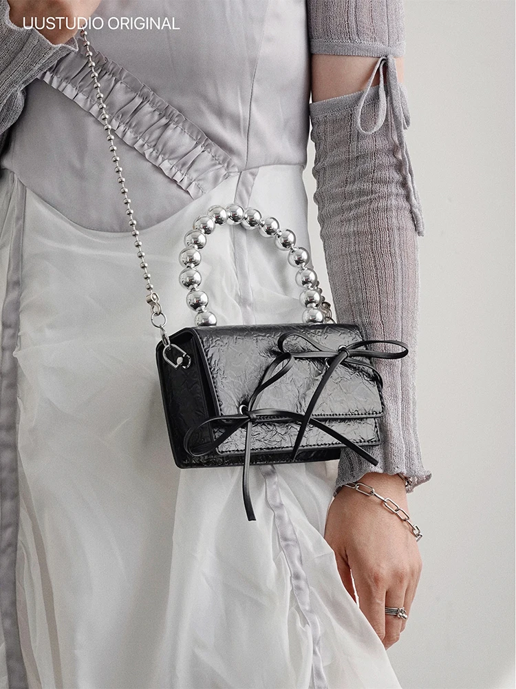 New Mini Bow Chain Crossbody Bag For Women Korean Versatile Simple Small Square Pack Female Textured Solid Cute Beading Handbag