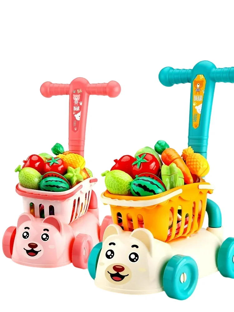 Kids Shopping Cart Trolley Play Set With Food Fruit Vegetables Accessories Play House Educational Toy Simulation Gifts for Girls 5