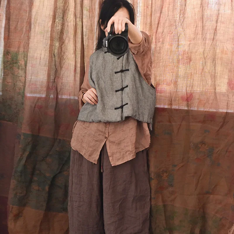 

Women Ramie Striped Vintage Vests 2023 Autumn Winter Warm Cotton Padded New Sleeveless Waistcoat Chinese Style Women Clothes