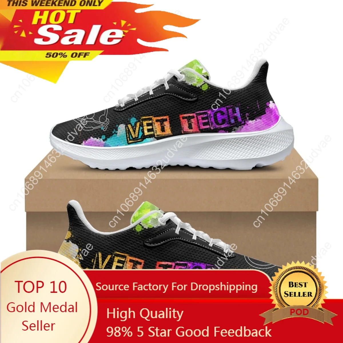 VET Tech Printed Women's Casual Sneakers New Fashion Outdoor Sports Running Shoes For Ladies Lace Up Non-slip Training Shoes