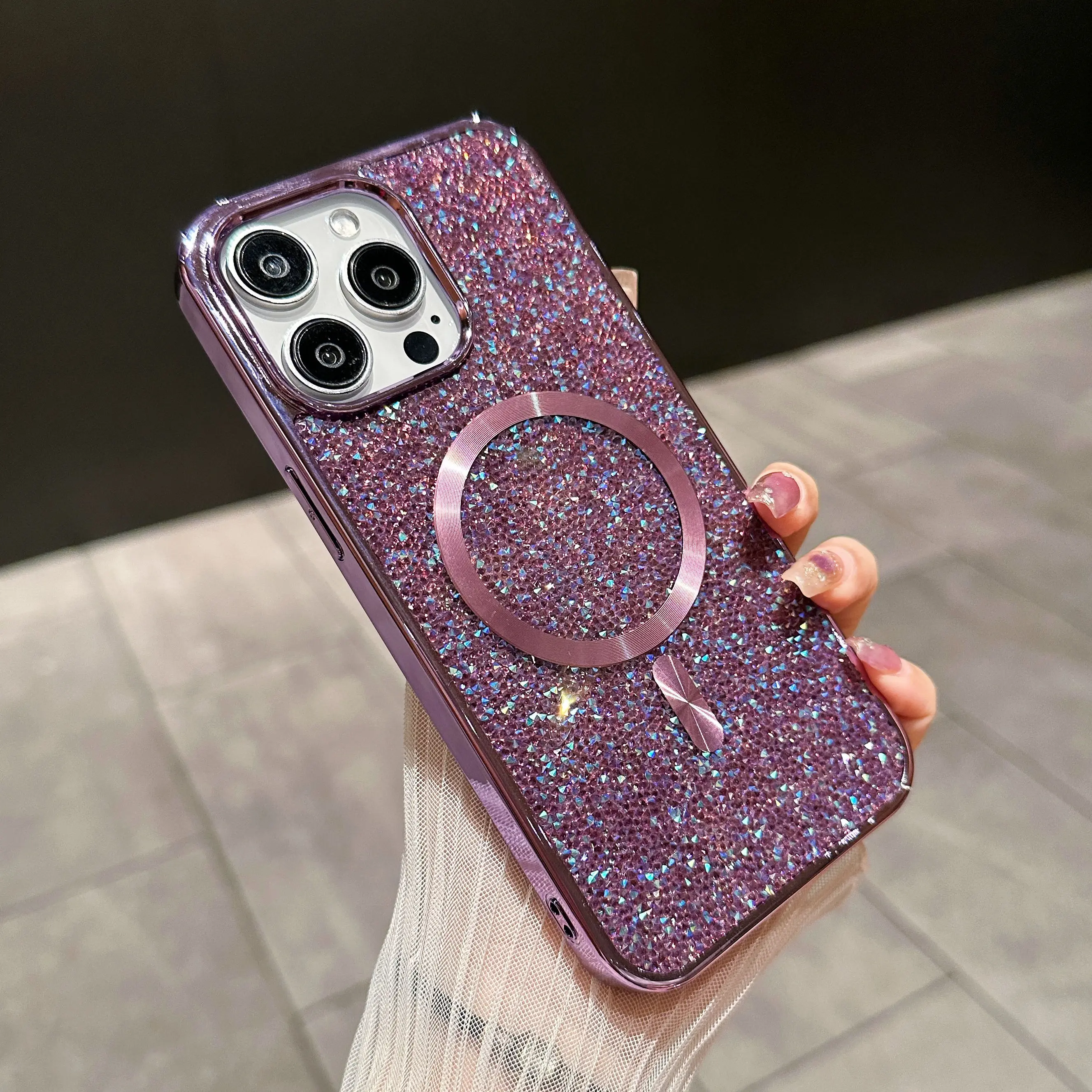 Glitter Shining Diamond Plating Slim Phone Case with Wireless Charging and Magnetic Back Cover