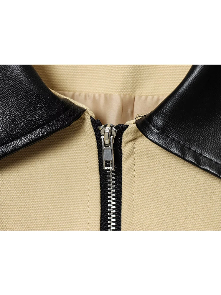 Autumn New Women's PU Leather Splicing Short Jacket Long Sleeve Slim Fit Temperament Top Female Chic Lapel High Street Outwear