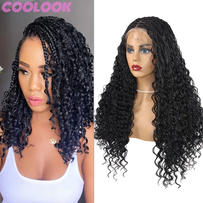 

Bohemia Full Lace Box Braided Wigs 24inch Black Synthetic Lace Frontal Braids Wig with Curly End Deep Wave Lace Front Braids Wig