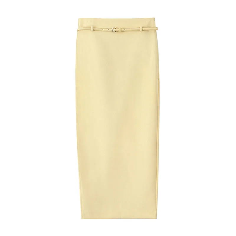 thumbnail image 1 of HH TRAF Conjunto de moda para mujer, camiseta sin mangas con escote en V amarillo y botonadura sencilla + falda con cinturón y bolsillo de cintura alta, traje de verano para mujer a la moda, 1 of 5