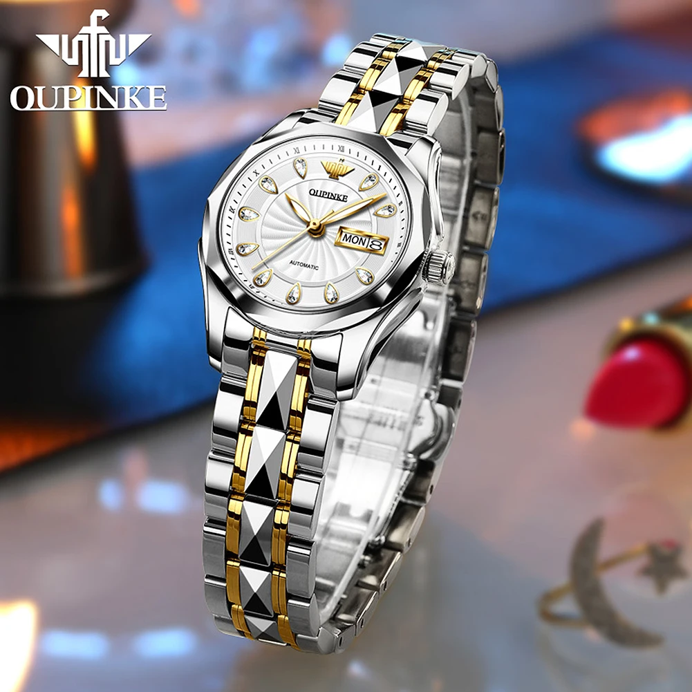

OUPINKE Watch for Women Tungsten steel Strap Elegant Luxury Green Female Wrist Watch Unique Design Waterproof Date Ladies Watch