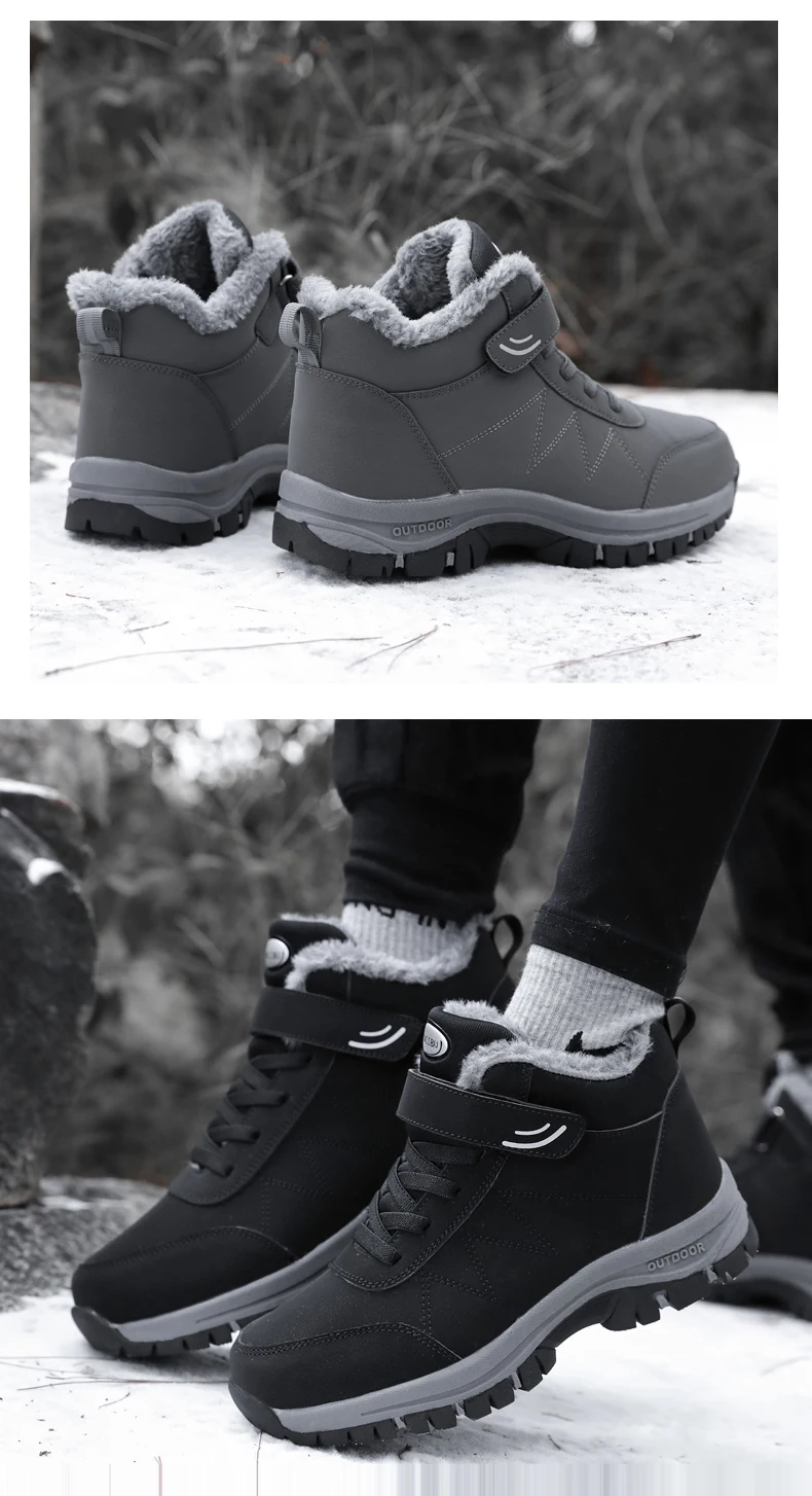 Winter Women Men Boots Plush Leather Waterproof Sneakers Climbing Shoes Unisex Outdoor Non-slip Warm Hiking Ankle Boot Man