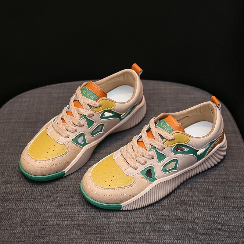 

Shoes for Women Fashion Stripe Mixed Colors Sneakers Round Toe Lace-up Casual Height Increasing Students Women's Sandals