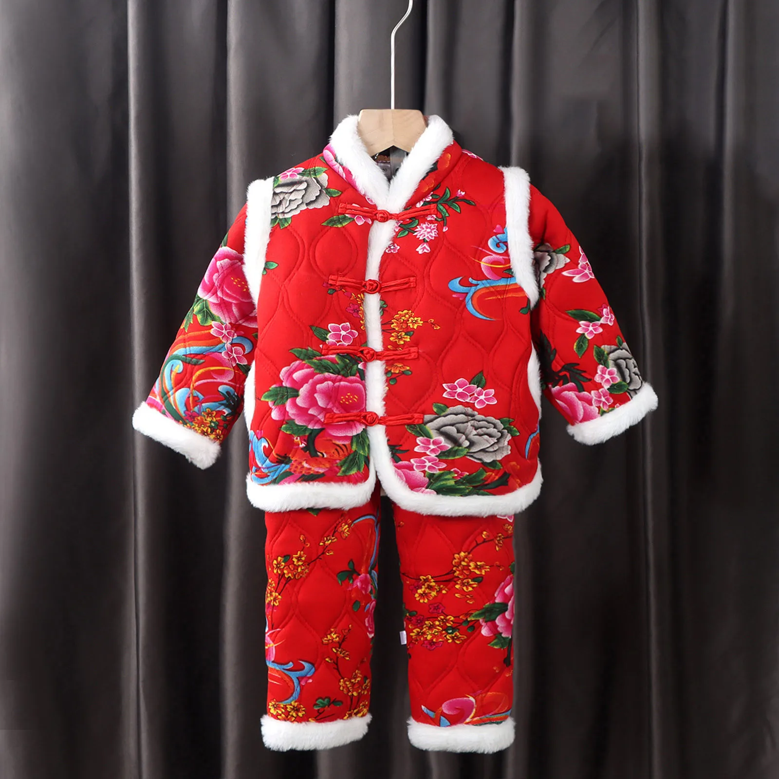 

New Year Costume Suits Traditional Chinese Ethnic Style Clothing for Kids Girls 1-6Y Thickened Tops+Pants Winter Warm Clothing